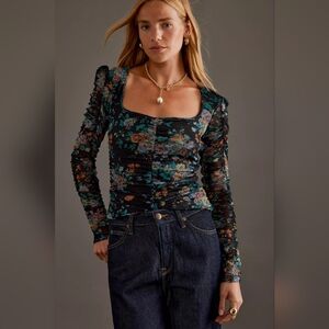 Anthropologie Black Orange Floral Long Sleeve Ruched Mesh Top